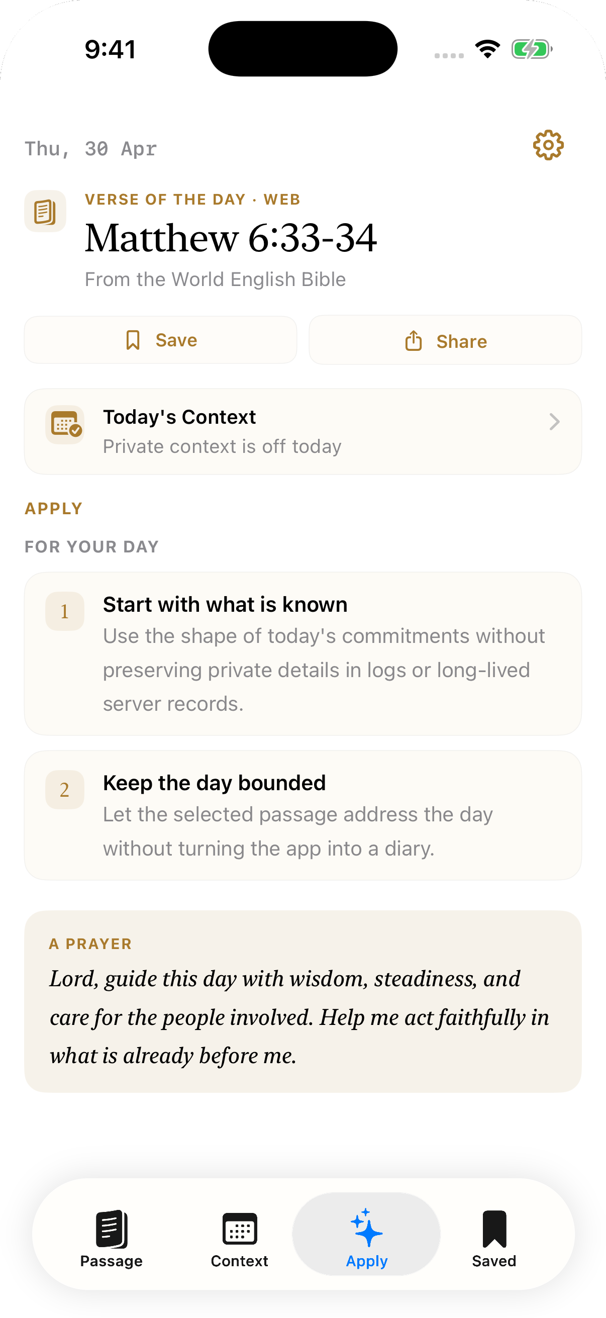 Verse Compass apply screen showing reflective prompts and a prayer card.